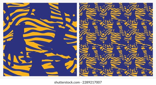 Dog silhouettes pattern fabric. Elegant, soft seamless background, abstract background with negative space Jack Russell Terrier dog shapes for Dog Lovers. Blue and yellow zebra. Birthday present wrap.
