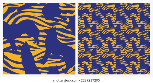 Dog silhouettes pattern fabric. Elegant, soft seamless background, abstract background with negative space husky dog shapes for Dog Lovers. Blue and yellow zebra. Birthday present wrapping.