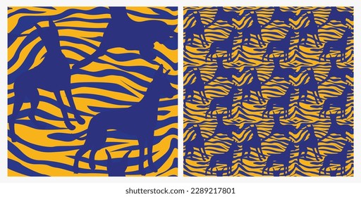 Dog silhouettes pattern fabric. Elegant, soft seamless background, abstract background with negative space Great Dane dog shapes for Dog Lovers. Blue and yellow zebra. Birthday present wrapping.