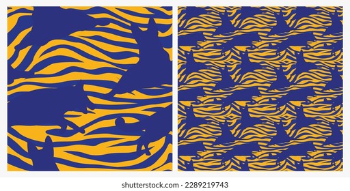 Dog silhouettes pattern fabric. Elegant, extravagant seamless background, abstract background with blue German Shepherd dog shapes. Present for Dog Lovers. Green and yellow zebra. Birthday wrapping.