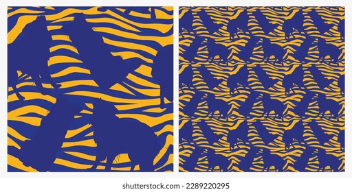 Dog silhouettes pattern fabric. Elegant, extravagant seamless background, abstract background with blue border collie dog shapes. Present for Dog Lovers. Green and yellow zebra. Birthday wrapping.