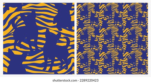 Hundesilhouetten sind Mustergewebe. Eleganter, extravaganter, nahtloser Hintergrund, abstrakter Hintergrund mit blauen Chihuahua-Hundeformen. Für Hundeliebhaber präsent. Grüner und gelber Zebra. Geburtstagsverpackung.