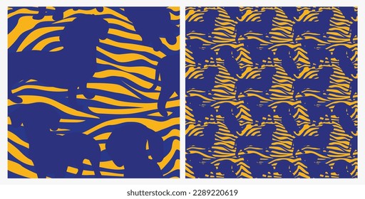 Dog silhouettes pattern fabric. Elegant, extravagant seamless background, abstract background with blue Dachshund dog shapes. Present for Dog Lovers. Green and yellow zebra. Birthday wrapping.