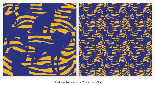 Dog silhouettes pattern fabric. Elegant, extravagant seamless background, abstract background with blue Chinese Crested dog shapes. Present for Dog Lovers. Green and yellow zebra. Birthday wrapping.