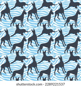 Dog silhouettes pattern fabric. Elegant, soft seamless background, abstract background with Great Dane dog shapes for Dog Lovers. Blue and white creative zebra. Birthday present wrapping paper.