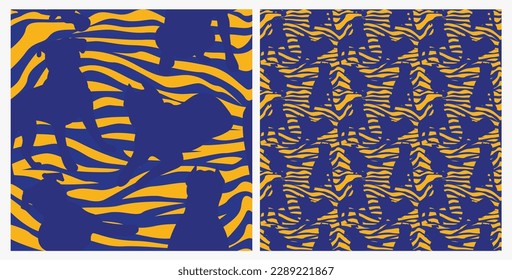 Dog silhouettes pattern fabric. Elegant, extravagant seamless background, abstract background with blue Pitbull dog shapes. Present for Dog Lovers. Green and yellow zebra. Birthday wrapping. Ethnic