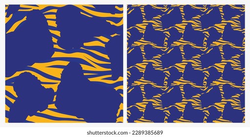 Dog silhouettes pattern fabric. Elegant, extravagant seamless background, abstract background with blue Komondor dog shapes. Present for Dog Lovers. Blue and yellow zebra. Birthday wrapping.