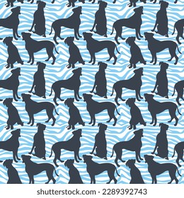 Dog silhouettes pattern fabric. Elegant, soft seamless background, abstract background with boxer dog shapes, fresh ocean, sea waves. Blue and white creative zebra. Birthday present wrapping paper.
