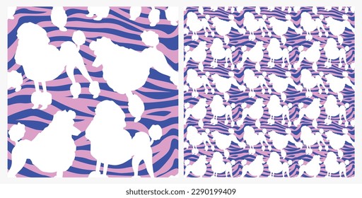 Dog silhouettes pattern fabric. Elegant, extravagant seamless background, abstract background with whit Poodle dog shapes. Present for Dog Lovers. Blue and pink zebra. Birthday wrapping.Ethnic style