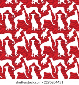 Dog silhouettes pattern fabric. Elegant, soft seamless background, abstract background with white Greyhound dog shapes, Valentines day, love. Red creative zebra. Birthday present wrapping paper