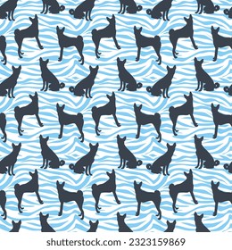 Dog silhouettes pattern fabric. Elegant, soft seamless background, abstract background with Basenji dog shapes for Dog Lovers. Blue and white creative zebra. Birthday fashion present wrapping paper. 