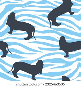 Dog silhouettes pattern fabric. Elegant, soft seamless background, abstract background with basset hound dog shapes for Dog Lovers. Blue and white creative zebra. Birthday fashion present wrapping
