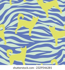 Dog silhouettes pattern fabric. Elegant, soft seamless background, abstract background with shapes of Canaan dog. Dog Lovers present. Blue colors zebra. Birthday present wrapping paper.