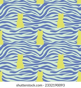 Dog silhouettes pattern fabric. Elegant, soft seamless background, abstract background with shapes of Cairn Terrier. Dog Lovers present. Blue colors zebra. Birthday present abstract wrapping paper.