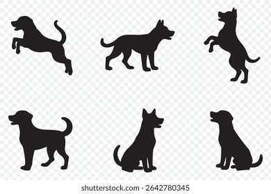  Dog silhouettes in various poses, perfect for animal lovers . vector, on a white background, black silhouette of a dog standing . 