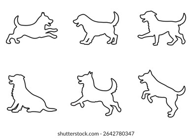  Dog silhouettes in various poses, perfect for animal lovers . vector, on a white background, black silhouette of a dog standing . 