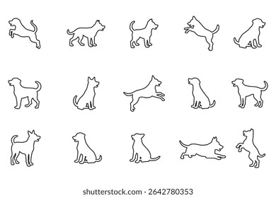 Dog silhouettes in various poses, perfect for animal lovers . vector, on a white background, black silhouette of a dog standing . 