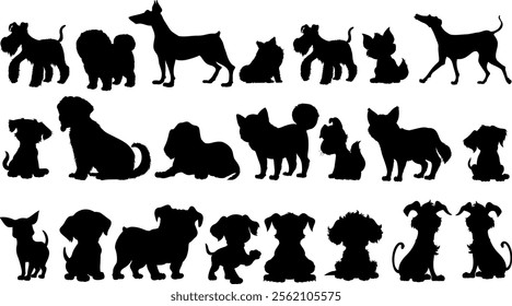 Dog Silhouettes vector, isolated black silhouette of a dog collection,
A collection of cute dogs in different poses represented as black silhouettes highlighting their playful characteristics and vary