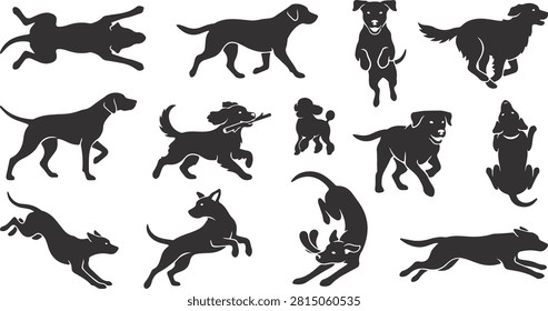 Dog silhouettes vector set playing running and sitting pet animal silhouettes isolated on white background, dog, pet, animal, silhouette, vector, set, collection, pose, run, play, sit, stand, canine, puppy