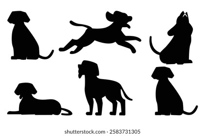  Dog Simple Silhouettes in Various Poses.A set of six black silhouette images of dogs in different positions.