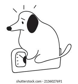 Dog sit on scales.. Outline vector illustration on white background.