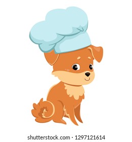 The dog sits in a big chef's cap on his head. Color image of a pet. Vector illustration for design, print on t-shirt, bag, notebook, card.