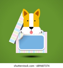Dog sits in box for gift with sticker for your text. Vector illustration