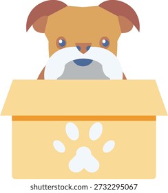Un perro se sienta dentro de una caja de cartón con un diseño de huella de pata.