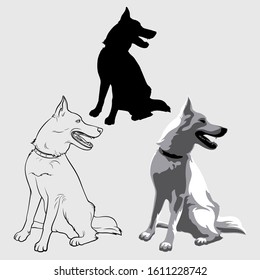 The dog sits and looks to the side. The dog is watching. Dog silhouette, linear, plane, flat. Vector stock illustration.