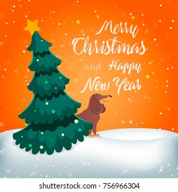 The dog sits near the Christmas tree. Chinese New Year. Design for greeting cards, calendars, banners, posters, invitations.