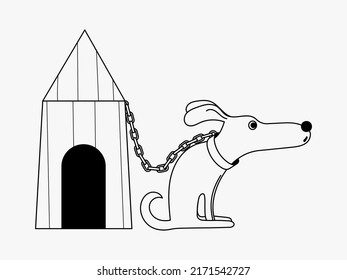 The dog sits on a chain near the booth. Sad dog. Vector outline illustration.	