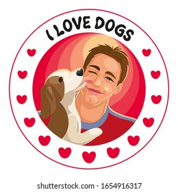 A DOG SITS ON HANDS OF A GUY AND LICKS HIS CHEEK. I LOVE DOGS STIKER