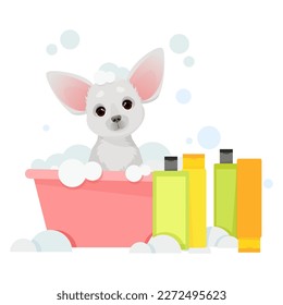 The dog sits washes in a pink bowl