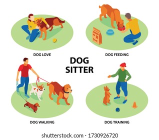 Dog sitter 4 circular isometric compositions with pets training feeding walking outdoor activities care love vector illustration 