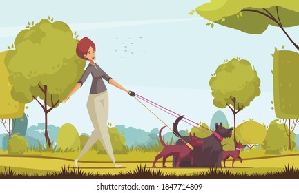 Dog sitter composition with cartoon female human character walking three different dogs with outdoor park landscape vector illustration