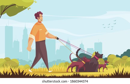 Dog sitter composition with outdoor landscape and doodle male character walking three dogs with cityscape background vector illustration