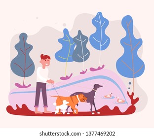 Dog sitter enjoying with dogs while walking outdoors. Young man pet owner in parkland. Flat Art Vector illustration