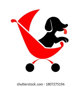 Dog sitter logo black red silhouette on white background for highlight. Walking pet in carriage icon vector isolated element. Zoo transportation glyph illustration. Funny animal care business concept.