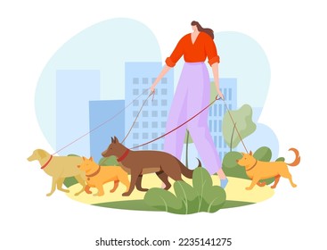 Dog sitter, walk with pet animal, vector illustration, outdoor care service for puppy, flat woman character hold leash in hand, walker profession.