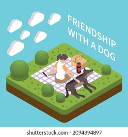 Dog sitter walker isometric composition with friendship symbols vector illustration