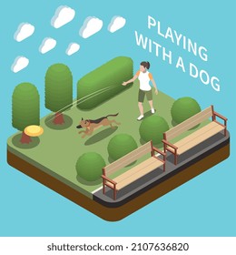 Concepto isométrico del caminante de la niñera del perro con ilustración vectorial de los símbolos de juego