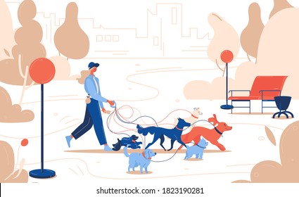 Dog sitter walking at park with lots of puppies. Vector concept outdoor illustration