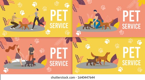 Dog Sitters, Professional Dog Training Service Trendy Flat Vector Ad Banners, Promo Posters Set. Female, Male Pet Trainers, Dog Handlers or Walkers Playing with Purebred Puppies in Park Illustration
