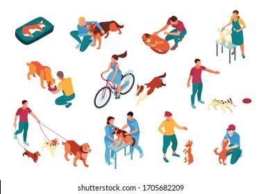 Dog sitters walking playing feeding grooming and examining pets isometric icons set isolated on white background 3d vector illustration