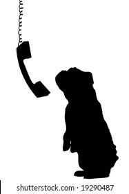 dog sitting up begging with phone receiver dangling down beside