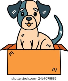 A dog is sitting in a box. The dog is smiling and looking at the camera