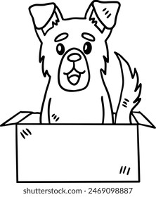 A dog is sitting in a box. The dog is smiling and looking at the camera