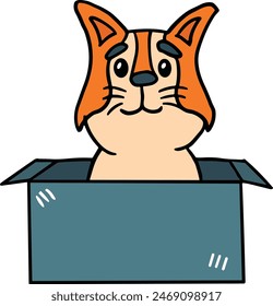 A dog is sitting in a box. The dog is smiling and looking at the camera