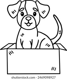 A dog is sitting in a box. The dog is smiling and looking at the camera