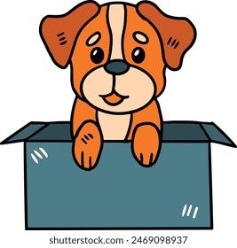 A dog is sitting in a box. The dog is smiling and looking at the camera